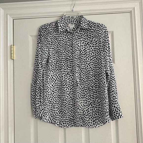 J Crew Black White Print Button Blouse Long Sleeve Work L6752 Minimalist XXS - Picture 4 of 11